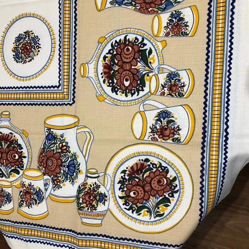 Vintage Tablecloth Pottery Pitcher Plate Floral Ethnic Beige Mid Century